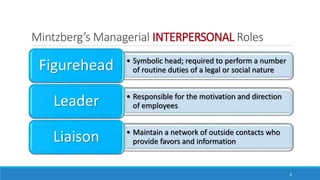 Mintzberg’s Managerial INTERPERSONAL Roles
8
• Symbolic head; required to perform a number
of routine duties of a legal or social natureFigurehead
• Responsible for the motivation and direction
of employeesLeader
• Maintain a network of outside contacts who
provide favors and informationLiaison
 