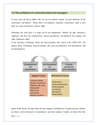 17 | P a g e
3.3 The usefulness of a motivation theory for managers
In some cases, the theory implies that “no one can motivate anyone; one gets motivated by the
environment and himself”. Where there is an employee responsive environment, there is most
likely be a state of motivation (Stoner, 1982).
Motivating the work force is a tough job for the management. Without the right motivation,
employees will show less responsiveness and low productivity, and ultimately the company will
suffer (Middleton, 2002).
In this discussion, Herzberg’s theory has been presented with context of the ASDA PLC. The
hygiene theory of Herzberg states the elements that create job satisfaction, non dissatisfaction and
job dissatisfaction.
Based on this theory, the super shop will face employee dissatisfaction if proper incentive policies
are absent, work environment is dissatisfactory and other employee benefits are absent. But what
 