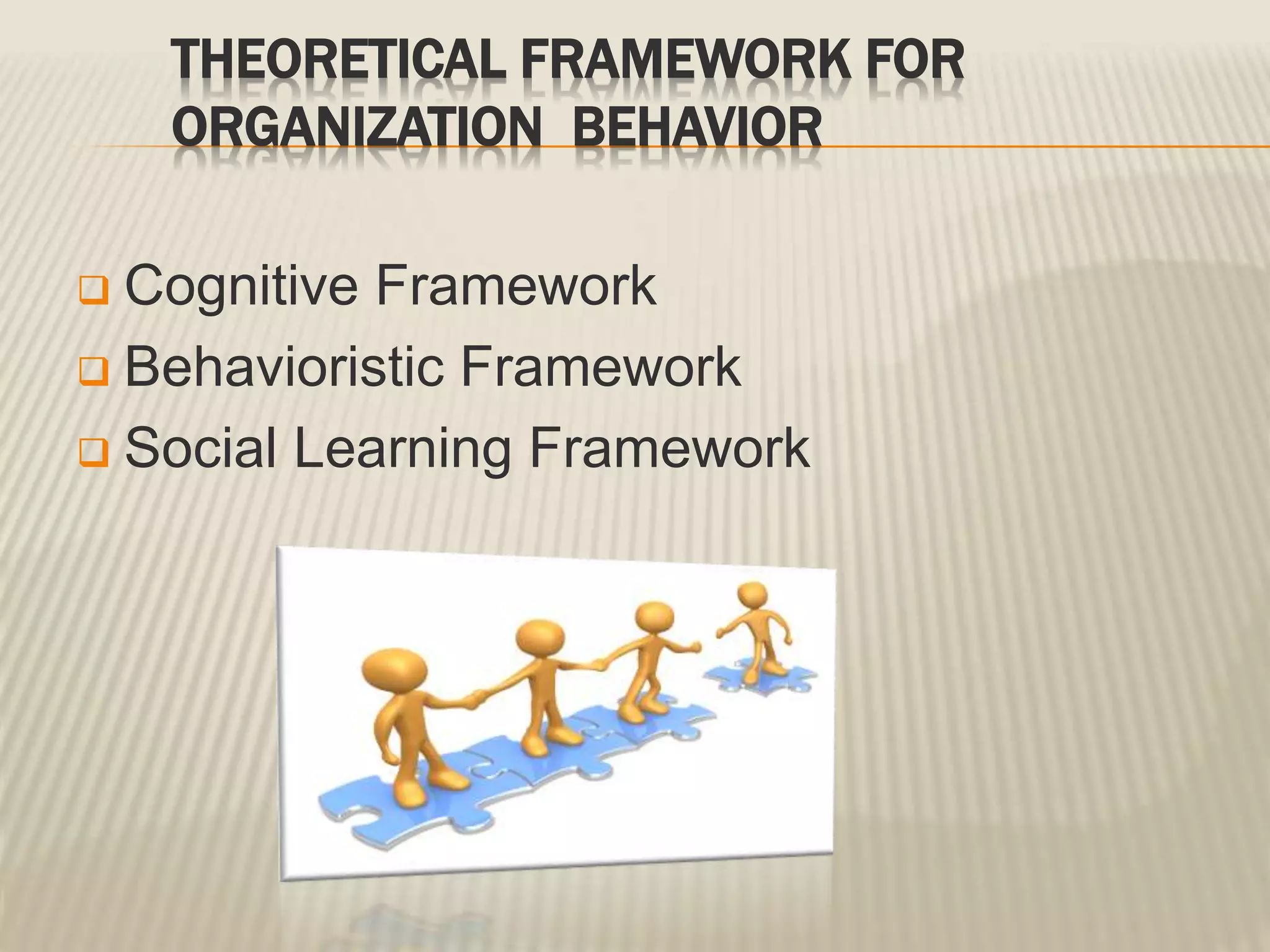 THEORETICAL FRAMEWORK FOR
ORGANIZATION BEHAVIOR
 Cognitive Framework
 Behavioristic Framework
 Social Learning Framework
 