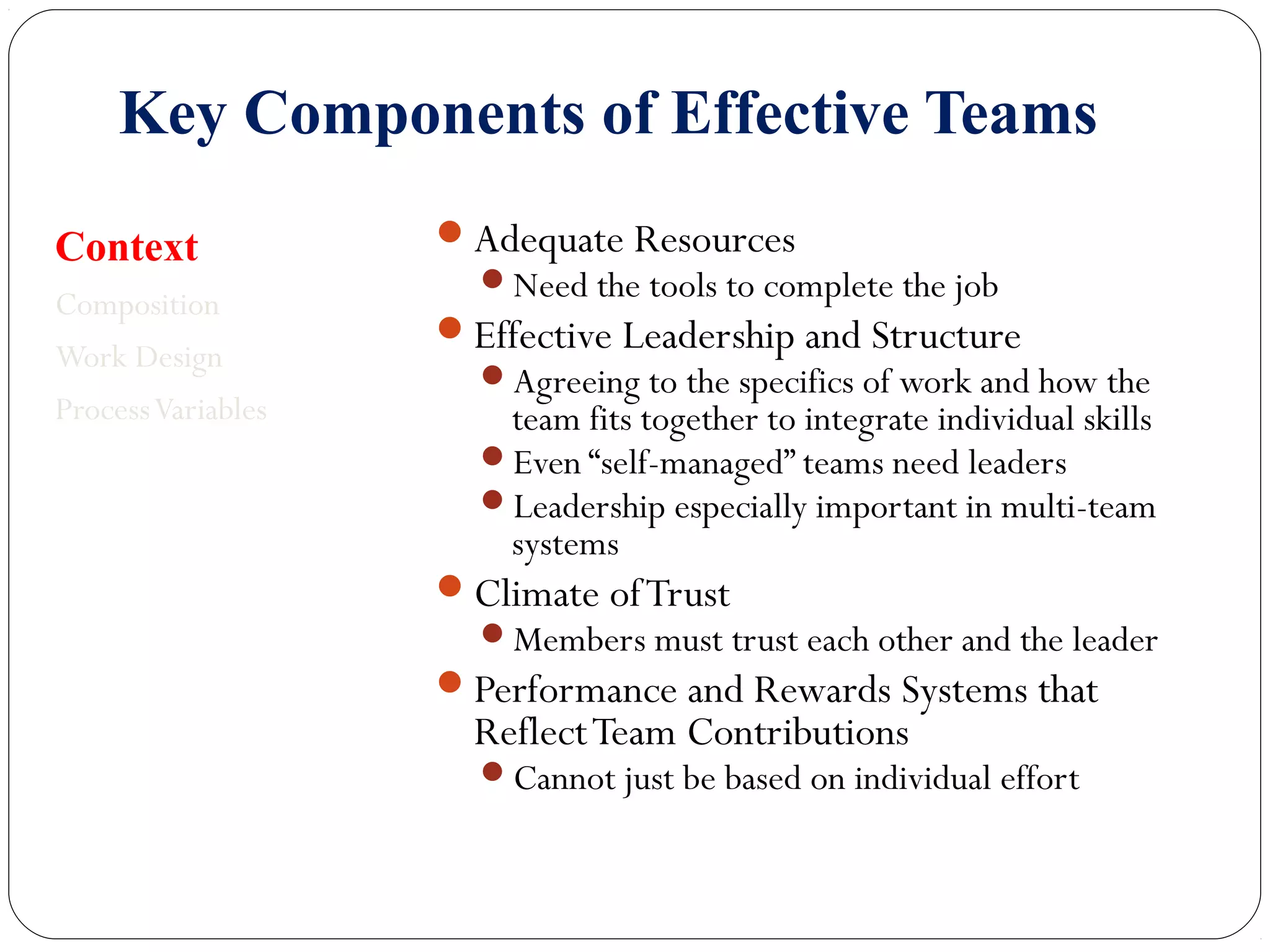 Key Components of Effective Teams 
Context 
Composition 
Work Design 
Process Variables 
Adequate Resources 
Need the tools to complete the job 
Effective Leadership and Structure 
Agreeing to the specifics of work and how the 
team fits together to integrate individual skills 
Even “self-managed” teams need leaders 
Leadership especially important in multi-team 
systems 
Climate of Trust 
Members must trust each other and the leader 
Performance and Rewards Systems that 
Reflect Team Contributions 
Cannot just be based on individual effort 
 