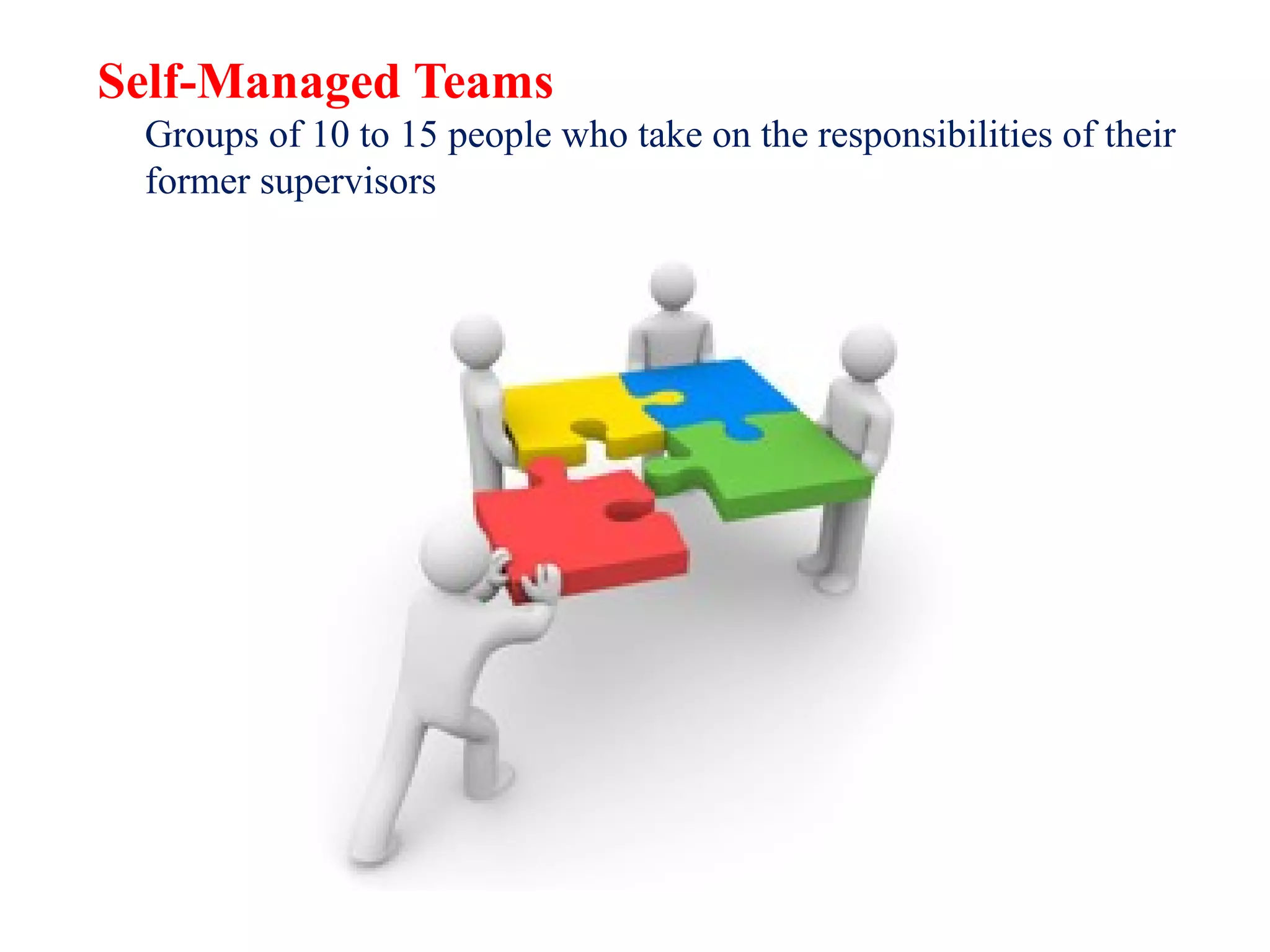 Self-Managed Teams 
Groups of 10 to 15 people who take on the responsibilities of their 
former supervisors 
 
