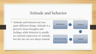 Attitude and behavior
• Attitude and behavior are two
quite different things. Attitude is a
person's inner thoughts and
feelings, while behavior is usually
an outward expression of attitude,
but the two are not always related.
Information Emotion
AttitudeBEHAVOR
 