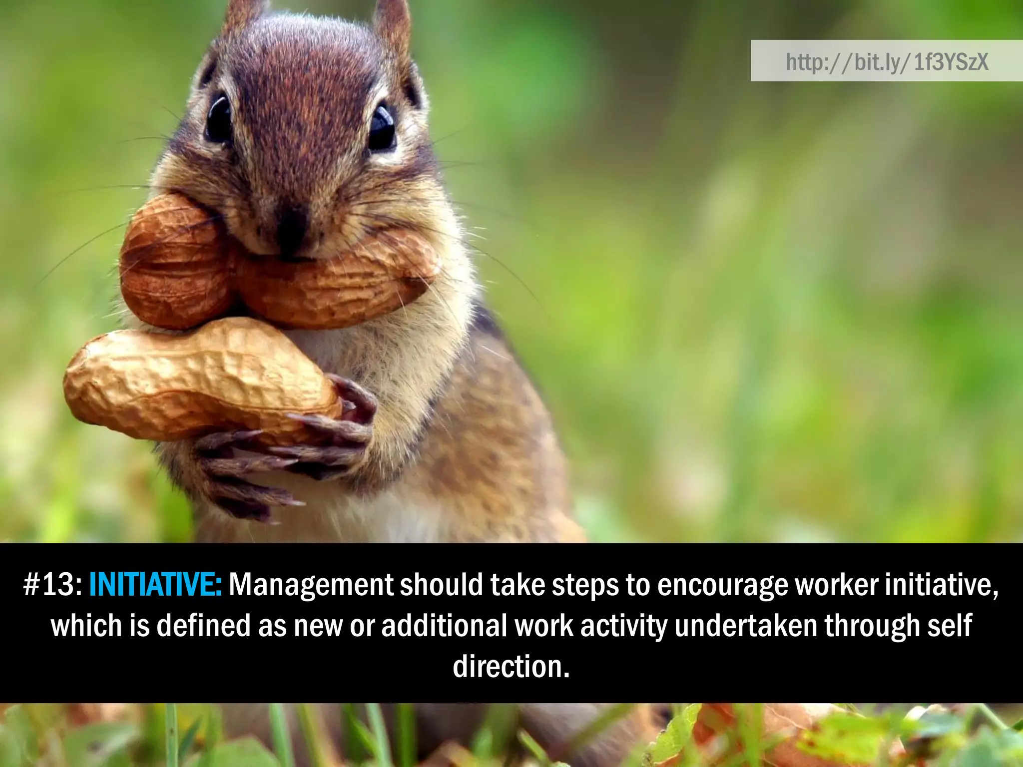 #13: INITIATIVE: Management should take steps to encourage worker initiative,
which is defined as new or additional work activity undertaken through self
direction.
http://bit.ly/1f3YSzX
 