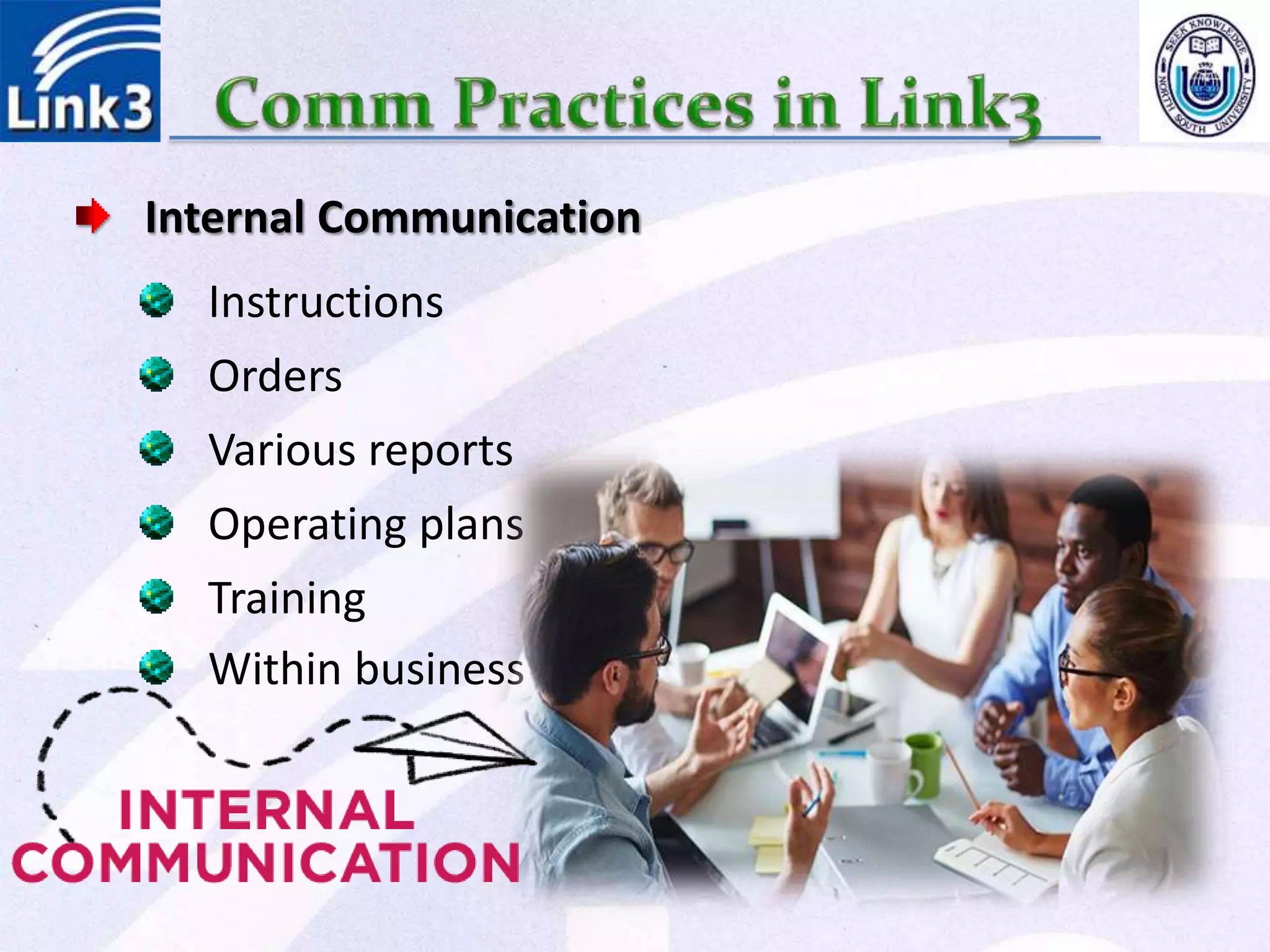 Internal Communication
Instructions
Orders
Various reports
Operating plans
Training
Within business
 