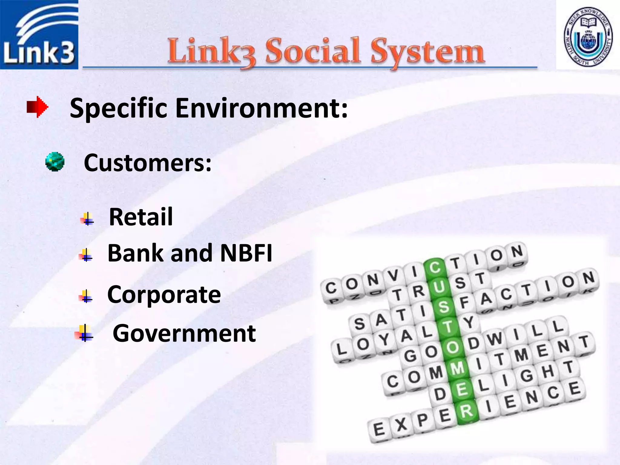 Specific Environment:
Customers:
Retail
Bank and NBFI
Corporate
Government
 