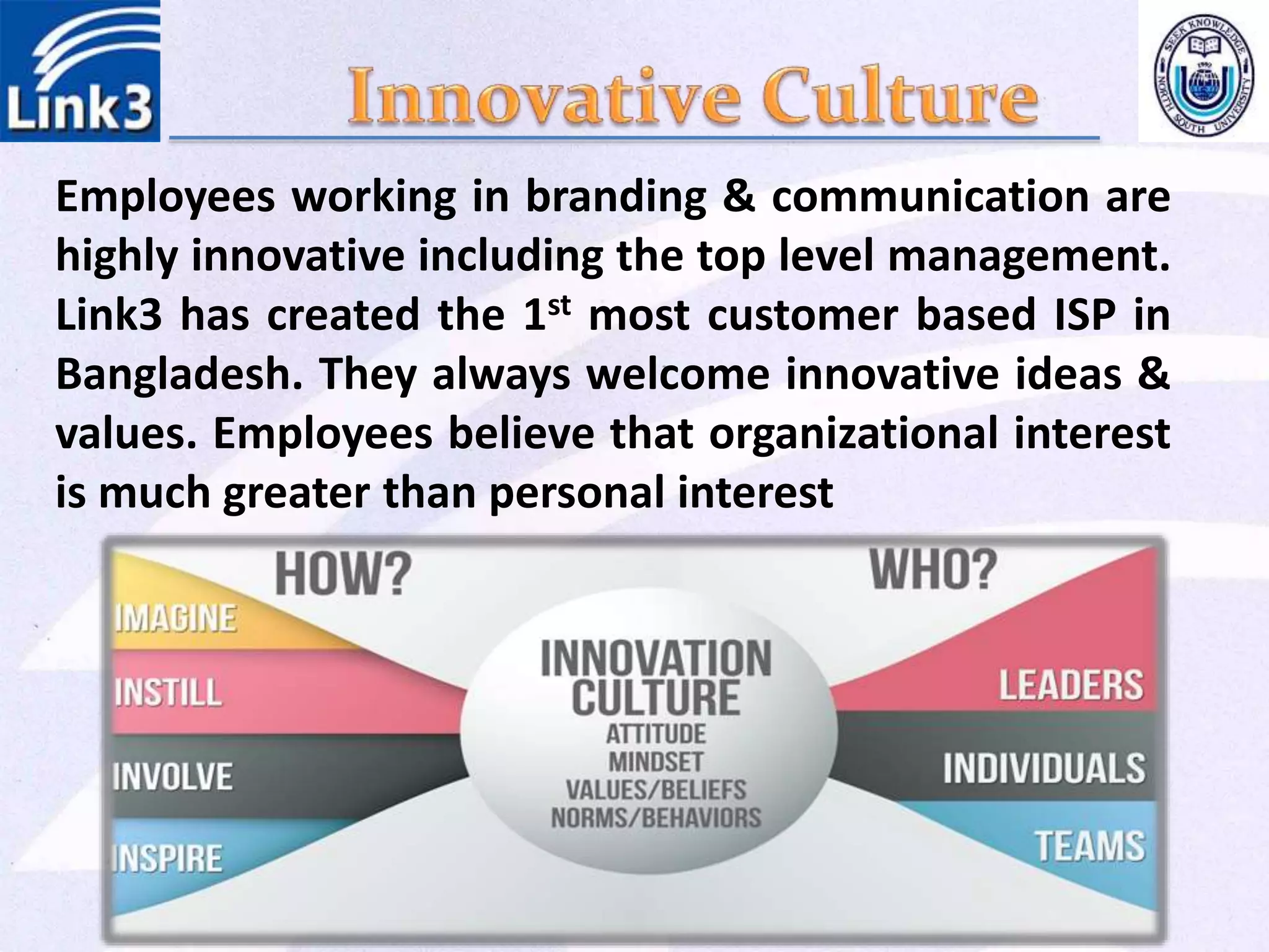 Employees working in branding & communication are
highly innovative including the top level management.
Link3 has created the 1st most customer based ISP in
Bangladesh. They always welcome innovative ideas &
values. Employees believe that organizational interest
is much greater than personal interest
 