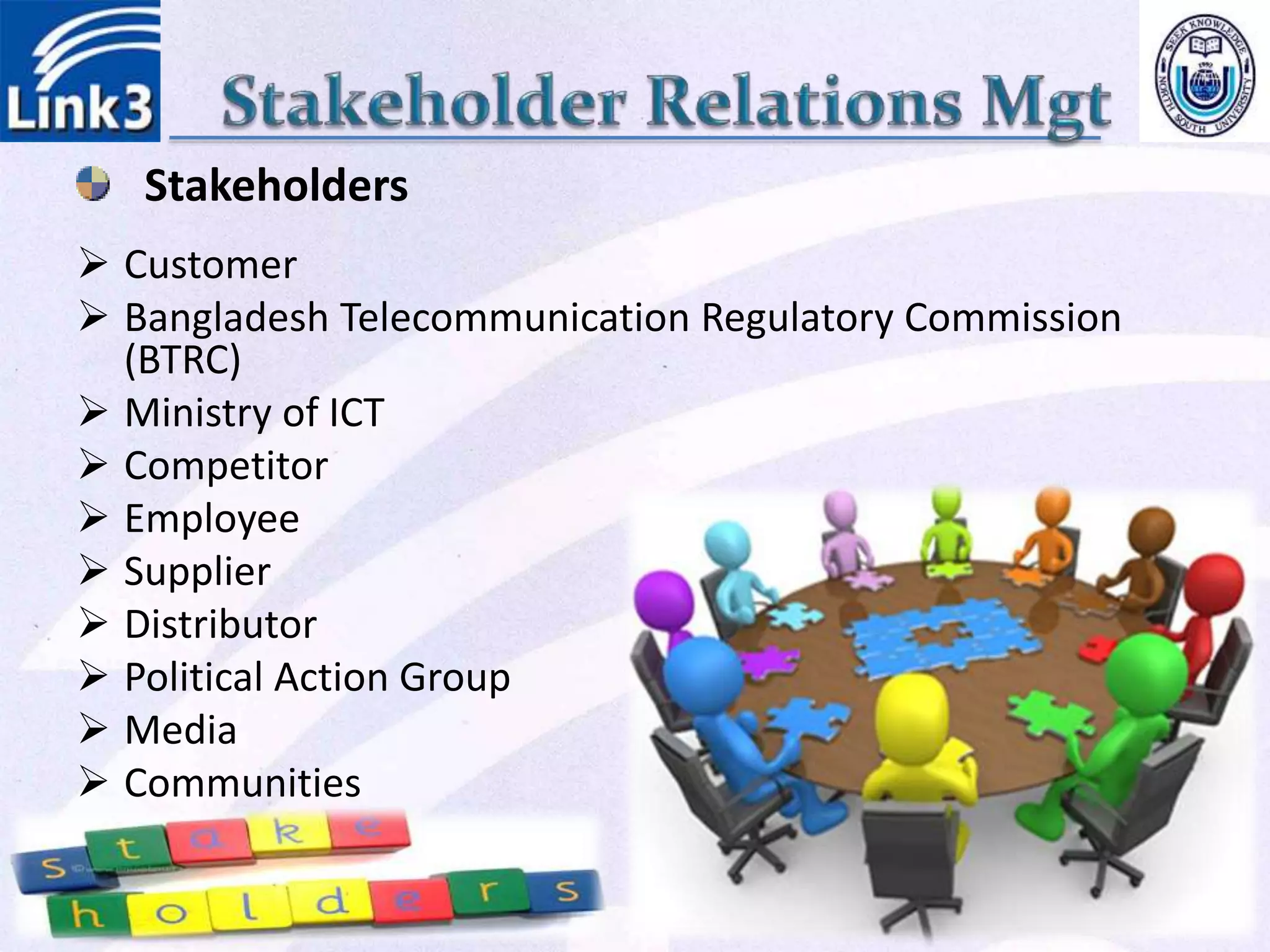 Stakeholders
 Customer
 Bangladesh Telecommunication Regulatory Commission
(BTRC)
 Ministry of ICT
 Competitor
 Employee
 Supplier
 Distributor
 Political Action Group
 Media
 Communities
 