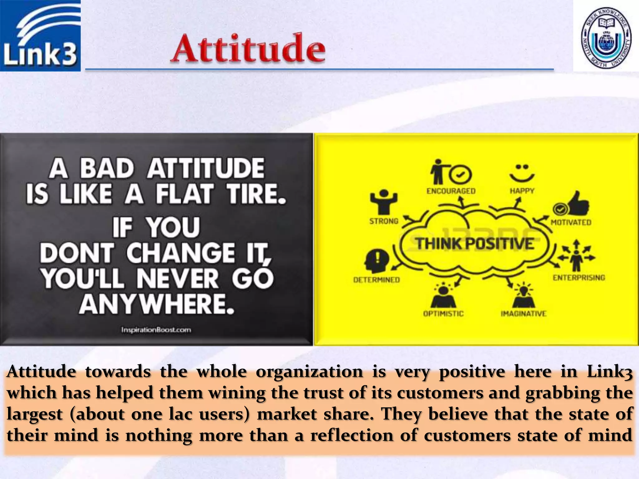 Attitude towards the whole organization is very positive here in Link3
which has helped them wining the trust of its customers and grabbing the
largest (about one lac users) market share. They believe that the state of
their mind is nothing more than a reflection of customers state of mind
 