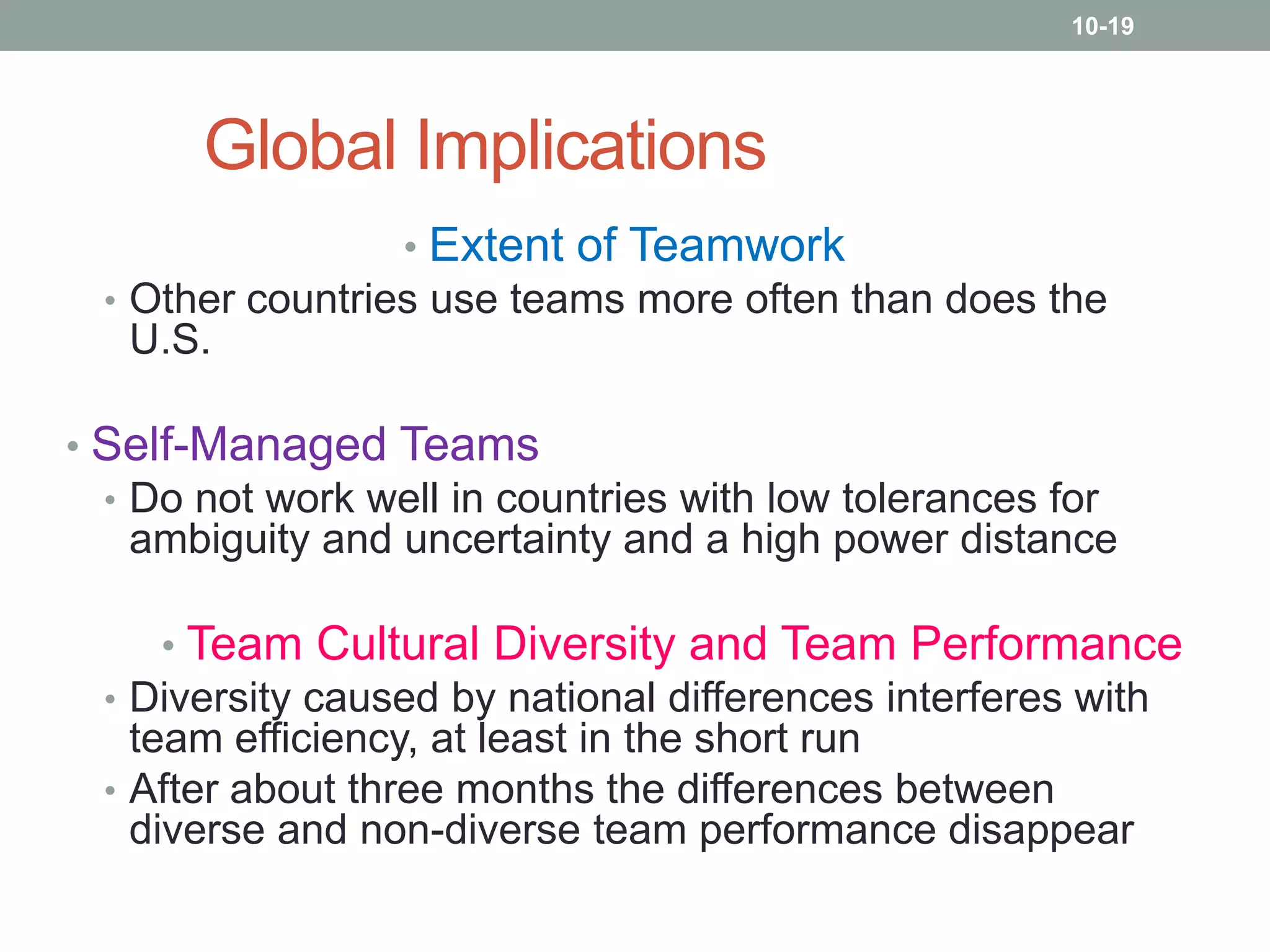 10-19

Global Implications
• Extent of Teamwork
• Other countries use teams more often than does the
U.S.
• Self-Managed Teams
• Do not work well in countries with low tolerances for
ambiguity and uncertainty and a high power distance
• Team Cultural Diversity and Team Performance
• Diversity caused by national differences interferes with
team efficiency, at least in the short run
• After about three months the differences between
diverse and non-diverse team performance disappear

 