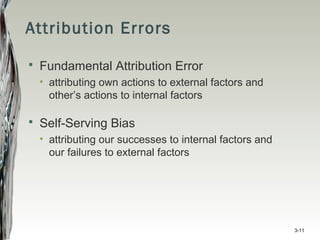 Attribution Errors
 Fundamental Attribution Error
• attributing own actions to external factors and
other’s actions to internal factors
 Self-Serving Bias
• attributing our successes to internal factors and
our failures to external factors
3-11
 