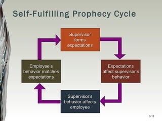 Self-Fulfilling Prophecy Cycle
SupervisorSupervisor
formsforms
expectationsexpectations
ExpectationsExpectations
affect supervisor’saffect supervisor’s
behaviorbehavior
Supervisor’sSupervisor’s
behavior affectsbehavior affects
employeeemployee
Employee’sEmployee’s
behavior matchesbehavior matches
expectationsexpectations
3-12
 