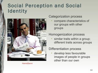 Social Perception and Social
Identity
Categorization process
• compare characteristics of
our groups with other
groups
Homogenization process
• similar traits within a group;
different traits across groups
Differentiation process
• develop less favourable
images of people in groups
other than our own
HamidSenni
3-6
 