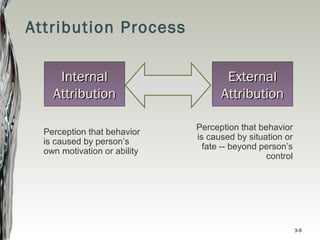 Attribution Process
Perception that behavior
is caused by person’s
own motivation or ability
InternalInternal
AttributionAttribution
ExternalExternal
AttributionAttribution
Perception that behavior
is caused by situation or
fate -- beyond person’s
control
3-9
 