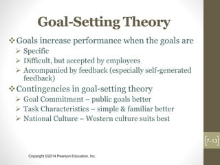 Copyright ©2014 Pearson Education, Inc.
Goal-Setting Theory
Goals increase performance when the goals are
 Specific
 Difficult, but accepted by employees
 Accompanied by feedback (especially self-generated
feedback)
Contingencies in goal-setting theory
 Goal Commitment – public goals better
 Task Characteristics – simple & familiar better
 National Culture – Western culture suits best
7-13
 