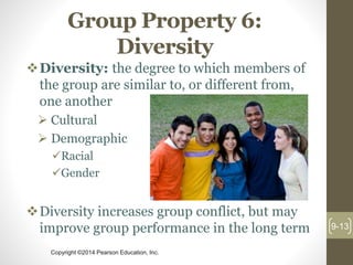 Copyright ©2014 Pearson Education, Inc.
Group Property 6:
Diversity
Diversity: the degree to which members of
the group are similar to, or different from,
one another
 Cultural
 Demographic
Racial
Gender
Diversity increases group conflict, but may
improve group performance in the long term 9-13
 