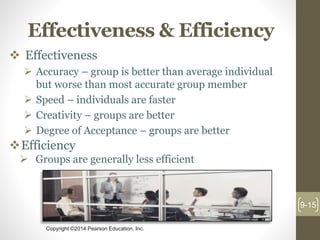 Copyright ©2014 Pearson Education, Inc.
Effectiveness & Efficiency
 Effectiveness
 Accuracy – group is better than average individual
but worse than most accurate group member
 Speed – individuals are faster
 Creativity – groups are better
 Degree of Acceptance – groups are better
Efficiency
 Groups are generally less efficient
9-15
 