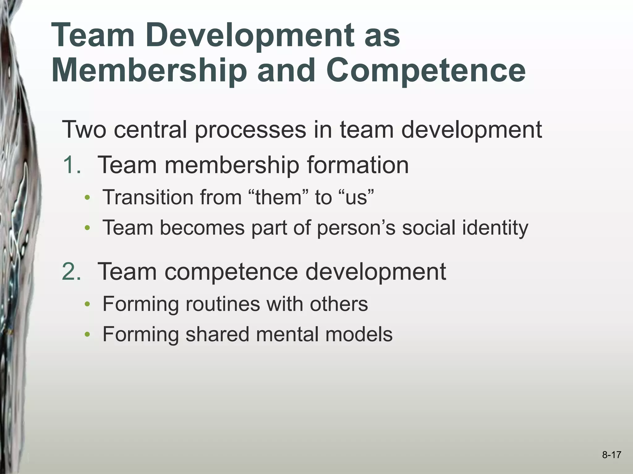 Team Development as
Membership and Competence
Two central processes in team development
1. Team membership formation
• Transition from “them” to “us”
• Team becomes part of person’s social identity
2. Team competence development
• Forming routines with others
• Forming shared mental models
8-17
 
