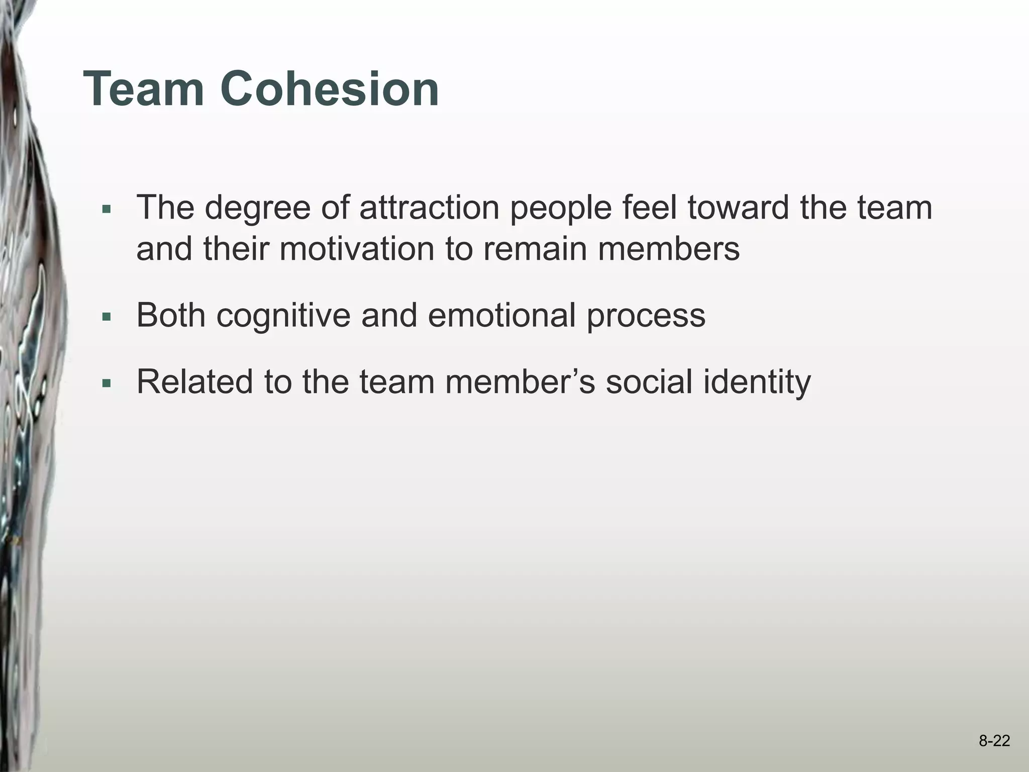 Team Cohesion
 The degree of attraction people feel toward the team
and their motivation to remain members
 Both cognitive and emotional process
 Related to the team member’s social identity
8-22
 