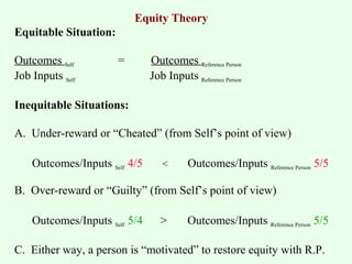 Equity Theory 
Equitable Situation: 
Outcomes Self = Outcomes Reference Person 
Job Inputs Self Job Inputs Reference Person 
Inequitable Situations: 
A. Under-reward or “Cheated” (from Self’s point of view) 
Outcomes/Inputs Self 4/5 < Outcomes/Inputs Reference Person 5/5 
B. Over-reward or “Guilty” (from Self’s point of view) 
Outcomes/Inputs Self 5/4 > Outcomes/Inputs Reference Person 5/5 
C. Either way, a person is “motivated” to restore equity with R.P. 
 