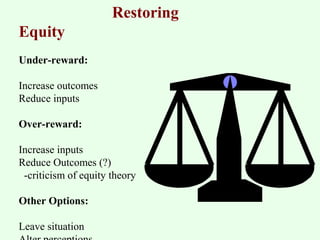 Restoring 
Equity 
Under-reward: 
Increase outcomes 
Reduce inputs 
Over-reward: 
Increase inputs 
Reduce Outcomes (?) 
-criticism of equity theory 
Other Options: 
Leave situation 
Alter perceptions 
 