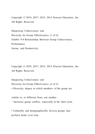 Copyright © 2019, 2017, 2015, 2013 Pearson Education, Inc.
All Rights Reserved.
Integrating Cohesiveness and
Diversity for Group Effectiveness (1 of 2)
Exhibit 9-4 Relationship Between Group Cohesiveness,
Performance
Norms, and Productivity
Copyright © 2019, 2017, 2015, 2013 Pearson Education, Inc.
All Rights Reserved.
Integrating Cohesiveness and
Diversity for Group Effectiveness (2 of 2)
• Diversity: degree to which members of the group are
similar to, or different from, one another.
– Increases group conflict, especially in the short term.
• Culturally and demographically diverse groups may
perform better over time.
 