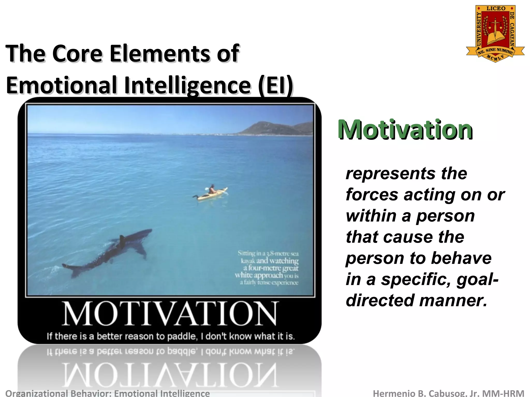 The Core Elements ofThe Core Elements of
Emotional Intelligence (EI)Emotional Intelligence (EI)
Organizational Behavior: Emotional Intelligence Hermenio B. Cabusog, Jr. MM-HRM
MotivationMotivation
represents the
forces acting on or
within a person
that cause the
person to behave
in a specific, goal-
directed manner.
 