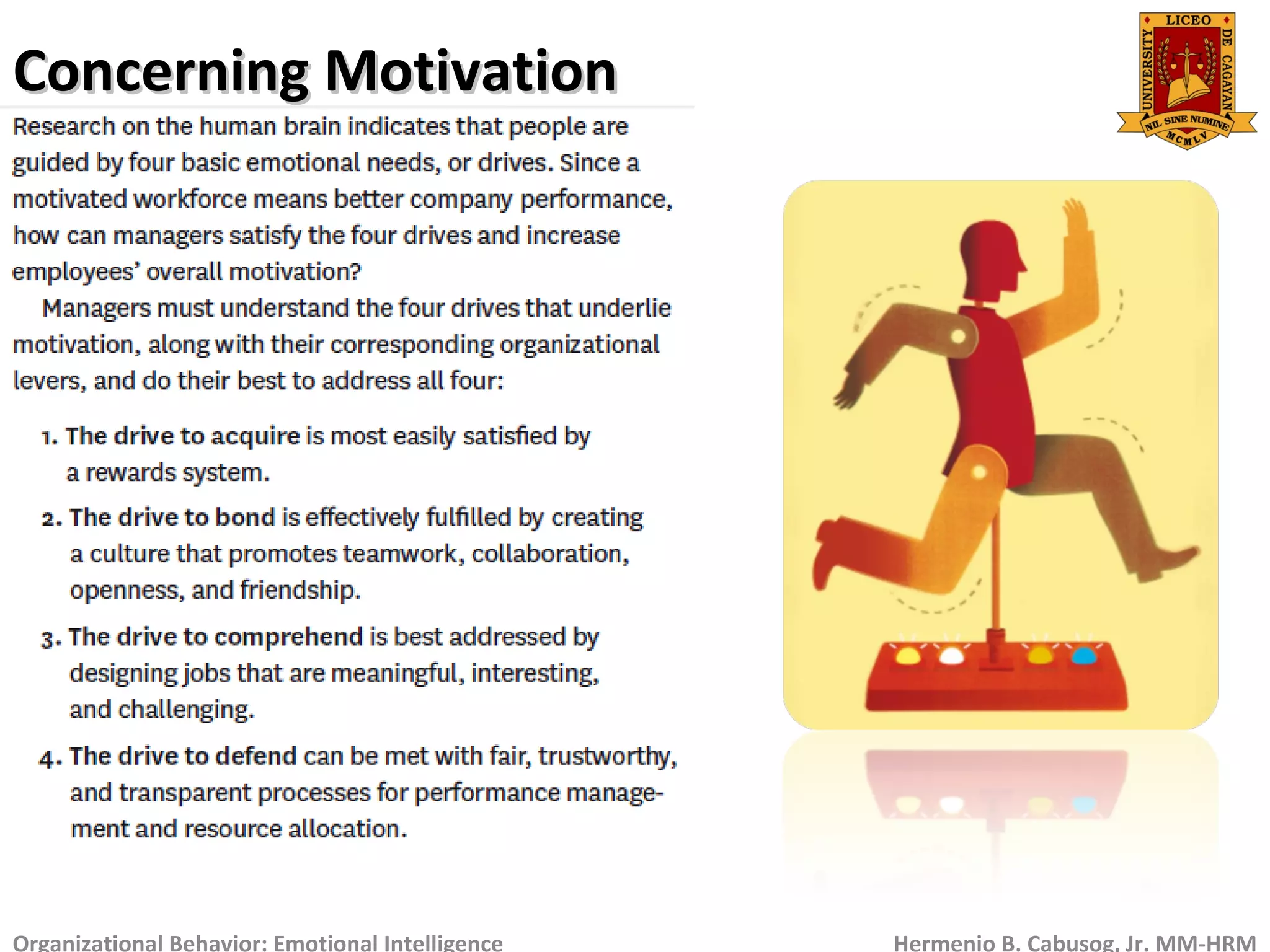 Concerning MotivationConcerning Motivation
Organizational Behavior: Emotional Intelligence Hermenio B. Cabusog, Jr. MM-HRM
 