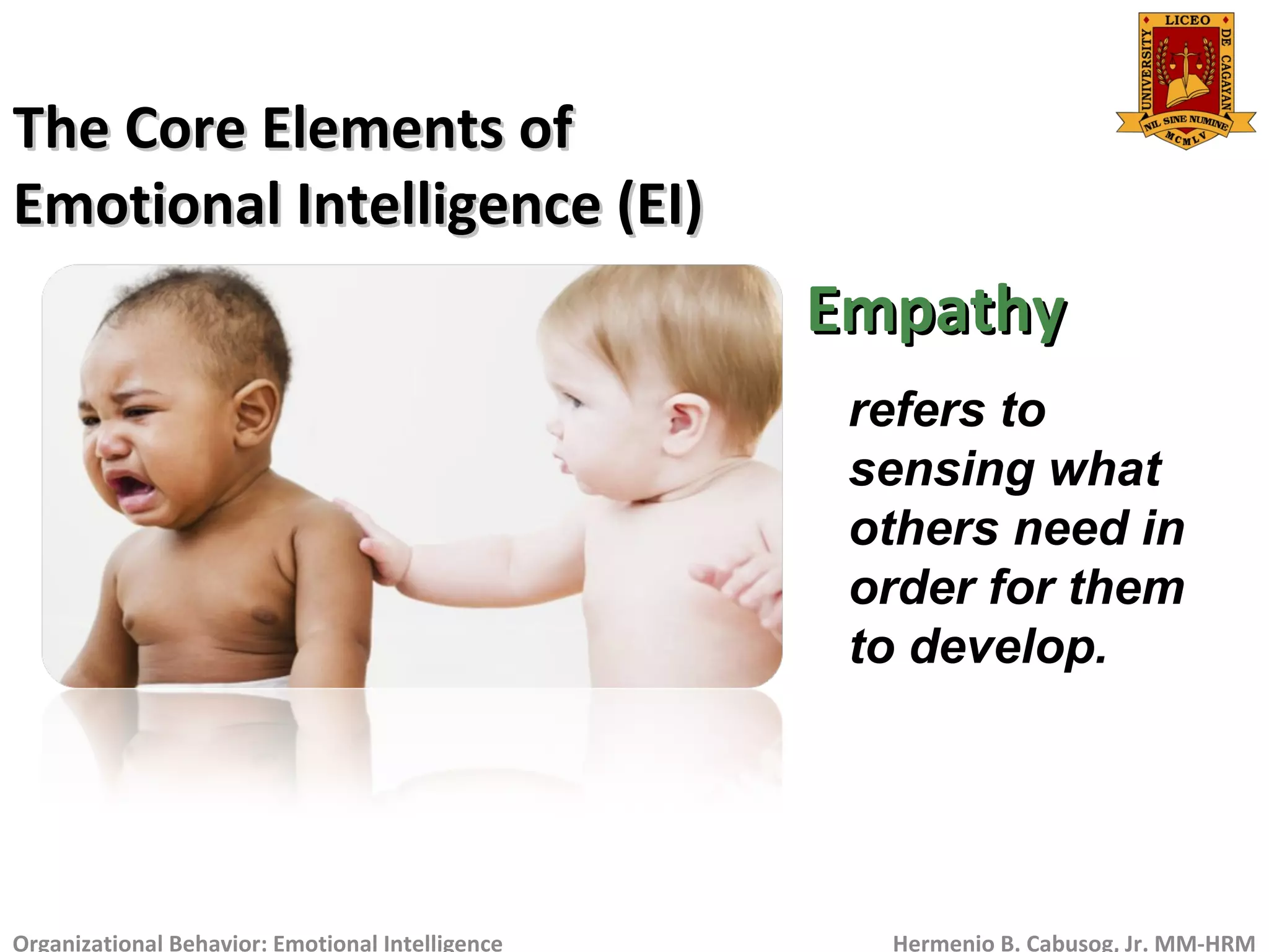 The Core Elements ofThe Core Elements of
Emotional Intelligence (EI)Emotional Intelligence (EI)
Organizational Behavior: Emotional Intelligence Hermenio B. Cabusog, Jr. MM-HRM
EmpathyEmpathy
refers to
sensing what
others need in
order for them
to develop.
 