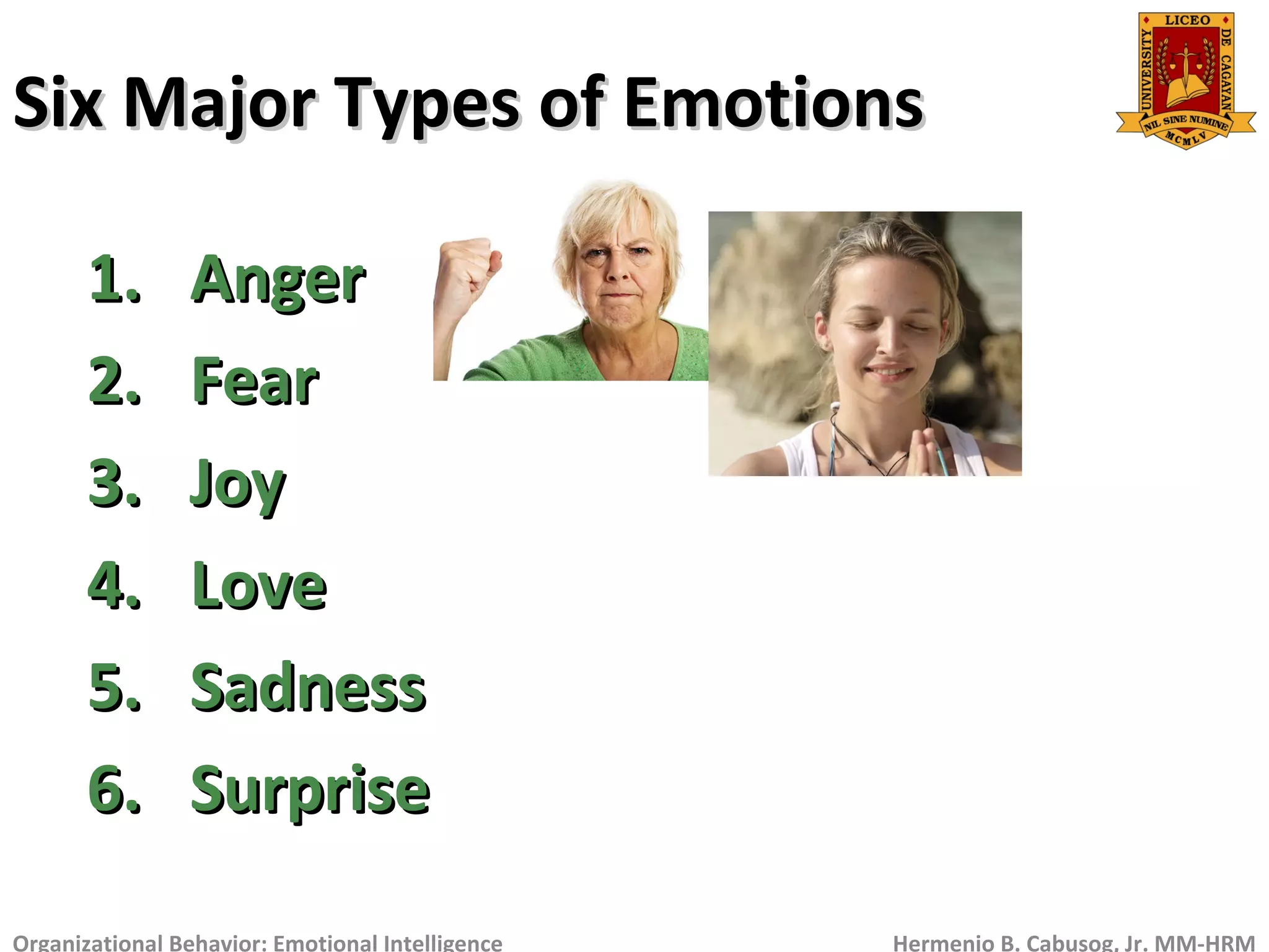 Six Major Types of EmotionsSix Major Types of Emotions
Organizational Behavior: Emotional Intelligence Hermenio B. Cabusog, Jr. MM-HRM
1.1. AngerAnger
2.2. FearFear
3.3. JoyJoy
4.4. LoveLove
5.5. SadnessSadness
6.6. SurpriseSurprise
 