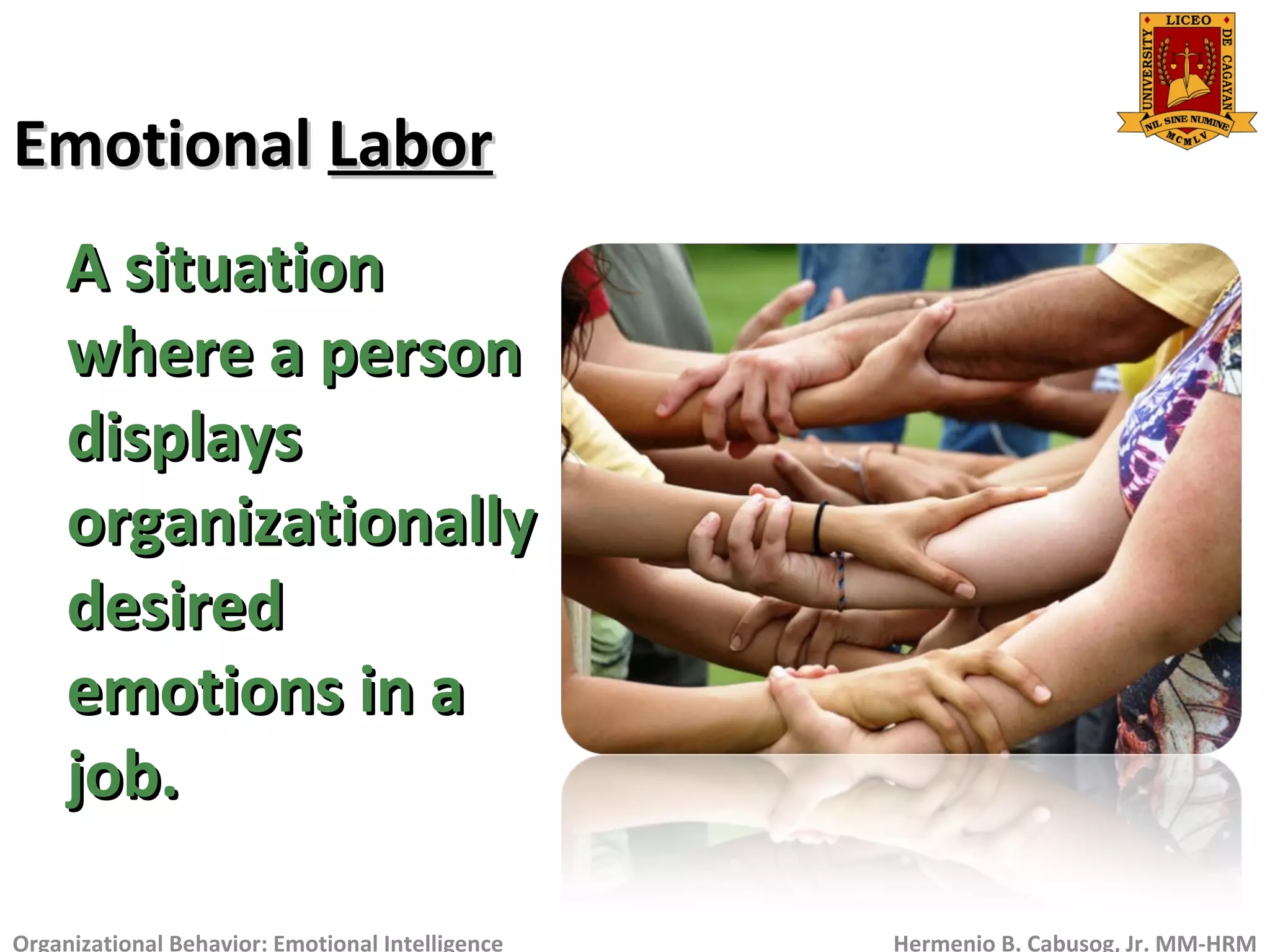 EmotionalEmotional LaborLabor
Organizational Behavior: Emotional Intelligence Hermenio B. Cabusog, Jr. MM-HRM
A situationA situation
where a personwhere a person
displaysdisplays
organizationallyorganizationally
desireddesired
emotions in aemotions in a
job.job.
 