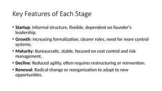 Key Features of Each Stage
• Startup: Informal structure, flexible, dependent on founder's
leadership.
• Growth: Increasing formalization, clearer roles, need for more control
systems.
• Maturity: Bureaucratic, stable, focused on cost control and risk
management.
• Decline: Reduced agility, often requires restructuring or reinvention.
• Renewal: Radical change or reorganization to adapt to new
opportunities.
 