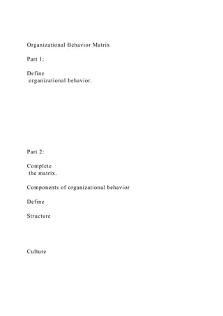 Organizational Behavior Matrix
Part 1:
Define
organizational behavior.
Part 2:
Complete
the matrix.
Components of organizational behavior
Define
Structure
Culture
 