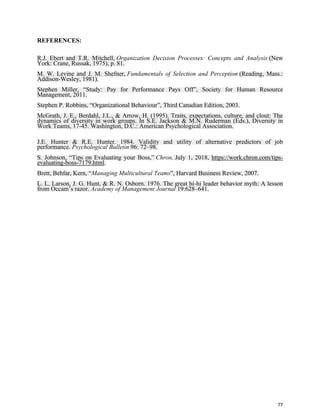 77
REFERENCES:
R.J. Ebert and T.R. Mitchell, Organization Decision Processes: Concepts and Analysis (New
York: Crane, Russak, 1975), p. 81.
M. W. Levine and J. M. Shefner, Fundamentals of Selection and Perception (Reading, Mass.:
Addison-Wesley, 1981).
Stephen Miller, “Study: Pay for Performance Pays Off”, Society for Human Resource
Management, 2011.
Stephen P. Robbins, “Organizational Behaviour”, Third Canadian Edition, 2003.
McGrath, J. E., Berdahl, J.L., & Arrow, H. (1995). Traits, expectations, culture, and clout: The
dynamics of diversity in work groups. In S.E. Jackson & M.N. Ruderman (Eds.), Diversity in
Work Teams, 17-45. Washington, D.C.: American Psychological Association.
J.E. Hunter & R.E. Hunter. 1984. Validity and utility of alternative predictors of job
performance. Psychological Bulletin 96: 72–98.
S. Johnson, “Tips on Evaluating your Boss,” Chron, July 1, 2018, https://work.chron.com/tips-
evaluating-boss-7179.html.
Brett, Behfar, Kern, “Managing Multicultural Teams”, Harvard Business Review, 2007.
L. L. Larson, J. G. Hunt, & R. N. Osborn. 1976. The great hi-hi leader behavior myth: A lesson
from Occam’s razor. Academy of Management Journal 19:628–641.
 