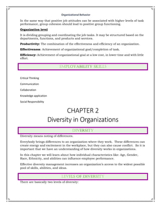 Organizational Behavior
In the same way that positive job attitudes can be associated with higher levels of task
performance, group cohesion should lead to positive group functioning.
Organization level
It is dividing grouping and coordinating the job tasks. It may be structured based on the
departments, functions, and products and services.
Productivity: The combination of the effectiveness and efficiency of an organization.
Effectiveness: Achievement of organizational goal/completion of task.
Efficiency: Achievement of organizational goal at a low cost, in lower time and with little
effort.
Critical Thinking
Communication
Collaboration
Knowledge application
Social Responsibility
CHAPTER 2
Diversity in Organizations
Diversity means noting of differences.
Everybody brings differences to an organization where they work. These differences can
create energy and excitement in the workplace, but they can also cause conflict. So it is
important that we have an understanding of how diversity works in organizations.
In this chapter we will learn about how individual characteristics like: Age, Gender,
Race, Ethnicity, and abilities can influence employee performance.
Effective diversity management increases an organization’s access to the widest possible
pool of skills, abilities, and ideas.
There are basically two levels of diversity:
 