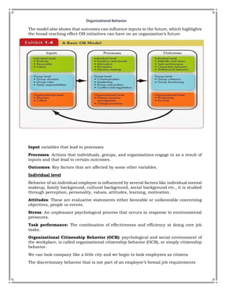 Organizational Behavior
The model also shows that outcomes can influence inputs in the future, which highlights
the broad reaching effect OB initiatives can have on an organization’s future.
Input variables that lead to processes
Processes: Actions that individuals, groups, and organizations engage in as a result of
inputs and that lead to certain outcomes.
Outcomes: Key factors that are affected by some other variables.
Individual level
Behavior of an individual employee is influenced by several factors like individual mental
makeup, family background, cultural background, social background etc., it is studied
through perception, personality, values, attitudes, learning, motivation.
Attitudes: These are evaluative statements either favorable or unfavorable concerning
objectives, people or events.
Stress: An unpleasant psychological process that occurs in response to environmental
pressures.
Task performance: The combination of effectiveness and efficiency at doing core job
tasks.
Organizational Citizenship Behavior (OCB): psychological and social environment of
the workplace, is called organizational citizenship behavior (OCB), or simply citizenship
behavior.
We can look company like a little city and we begin to look employees as citizens
The discretionary behavior that is not part of an employee’s formal job requirements
 