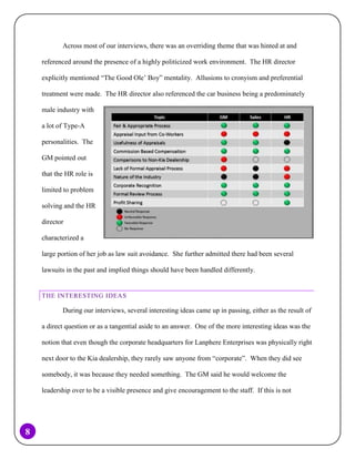 Across most of our interviews, there was an overriding theme that was hinted at and
referenced around the presence of a highly politicized work environment. The HR director
explicitly mentioned “The Good Ole’ Boy” mentality. Allusions to cronyism and preferential
treatment were made. The HR director also referenced the car business being a predominately
male industry with
a lot of Type-A
personalities. The
GM pointed out
that the HR role is
limited to problem
solving and the HR
director
characterized a
large portion of her job as law suit avoidance. She further admitted there had been several
lawsuits in the past and implied things should have been handled differently.

THE INTERESTING IDEAS

During our interviews, several interesting ideas came up in passing, either as the result of
a direct question or as a tangential aside to an answer. One of the more interesting ideas was the
notion that even though the corporate headquarters for Lanphere Enterprises was physically right
next door to the Kia dealership, they rarely saw anyone from “corporate”. When they did see
somebody, it was because they needed something. The GM said he would welcome the
leadership over to be a visible presence and give encouragement to the staff. If this is not

8

 