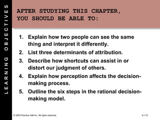 © 2003 Prentice Hall Inc. All rights reserved. 5–112
AFTER STUDYING THIS CHAPTER,
YOU SHOULD BE ABLE TO:
AFTER STUDYING THIS CHAPTER,
YOU SHOULD BE ABLE TO:
1. Explain how two people can see the same
thing and interpret it differently.
2. List three determinants of attribution.
3. Describe how shortcuts can assist in or
distort our judgment of others.
4. Explain how perception affects the decision-
making process.
5. Outline the six steps in the rational decision-
making model.
LEARNINGOBJECTIVES
 