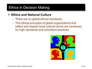 © 2003 Prentice Hall Inc. All rights reserved. 5–136
Ethics in Decision MakingEthics in Decision Making
 Ethics and National Culture
– There are no global ethical standards.
– The ethical principles of global organizations that
reflect and respect local cultural norms are necessary
for high standards and consistent practices.
 