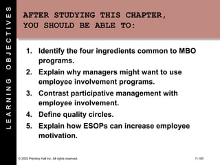 © 2003 Prentice Hall Inc. All rights reserved. 7–165
AFTER STUDYING THIS CHAPTER,
YOU SHOULD BE ABLE TO:
AFTER STUDYING THIS CHAPTER,
YOU SHOULD BE ABLE TO:
1. Identify the four ingredients common to MBO
programs.
2. Explain why managers might want to use
employee involvement programs.
3. Contrast participative management with
employee involvement.
4. Define quality circles.
5. Explain how ESOPs can increase employee
motivation.
LEARNINGOBJECTIVES
 