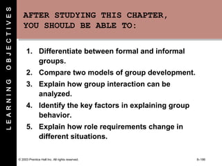 © 2003 Prentice Hall Inc. All rights reserved. 8–186
AFTER STUDYING THIS CHAPTER,
YOU SHOULD BE ABLE TO:
AFTER STUDYING THIS CHAPTER,
YOU SHOULD BE ABLE TO:
1. Differentiate between formal and informal
groups.
2. Compare two models of group development.
3. Explain how group interaction can be
analyzed.
4. Identify the key factors in explaining group
behavior.
5. Explain how role requirements change in
different situations.
LEARNINGOBJECTIVES
 