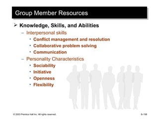 © 2003 Prentice Hall Inc. All rights reserved. 8–198
Group Member ResourcesGroup Member Resources
 Knowledge, Skills, and Abilities
– Interpersonal skills
• Conflict management and resolution
• Collaborative problem solving
• Communication
– Personality Characteristics
• Sociability
• Initiative
• Openness
• Flexibility
 