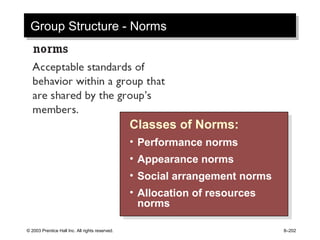 © 2003 Prentice Hall Inc. All rights reserved. 8–202
Group Structure - NormsGroup Structure - Norms
Classes of Norms:
• Performance norms
• Appearance norms
• Social arrangement norms
• Allocation of resources
norms
Classes of Norms:
• Performance norms
• Appearance norms
• Social arrangement norms
• Allocation of resources
norms
 