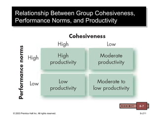 © 2003 Prentice Hall Inc. All rights reserved. 8–211
Relationship Between Group Cohesiveness,
Performance Norms, and Productivity
Relationship Between Group Cohesiveness,
Performance Norms, and Productivity
E X H I B I T 8-7
 