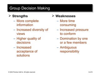 © 2003 Prentice Hall Inc. All rights reserved. 8–215
Group Decision MakingGroup Decision Making
 Strengths
– More complete
information
– Increased diversity of
views
– Higher quality of
decisions
– Increased
acceptance of
solutions
 Weaknesses
– More time
consuming
– Increased pressure
to conform
– Domination by one
or a few members
– Ambiguous
responsibility
 