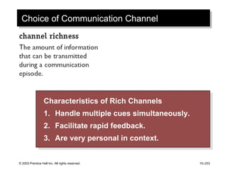 © 2003 Prentice Hall Inc. All rights reserved. 10–253
Choice of Communication ChannelChoice of Communication Channel
Characteristics of Rich Channels
1. Handle multiple cues simultaneously.
2. Facilitate rapid feedback.
3. Are very personal in context.
Characteristics of Rich Channels
1. Handle multiple cues simultaneously.
2. Facilitate rapid feedback.
3. Are very personal in context.
 