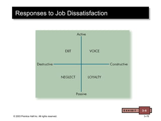 © 2003 Prentice Hall Inc. All rights reserved. 3–78
Responses to Job DissatisfactionResponses to Job Dissatisfaction
E X H I B I T 3-6
 