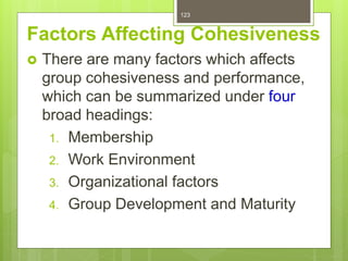 123
Factors Affecting Cohesiveness
 There are many factors which affects
group cohesiveness and performance,
which can be summarized under four
broad headings:
1. Membership
2. Work Environment
3. Organizational factors
4. Group Development and Maturity
 