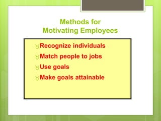 Methods for
Motivating Employees
Recognize individuals
Match people to jobs
Use goals
Make goals attainable
 