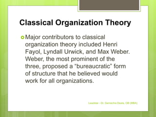 Classical Organization Theory
Major contributors to classical
organization theory included Henri
Fayol, Lyndall Urwick, and Max Weber.
Weber, the most prominent of the
three, proposed a “bureaucratic” form
of structure that he believed would
work for all organizations.
Leadstar - Dr. Gemechis Desta, OB (MBA)
 
