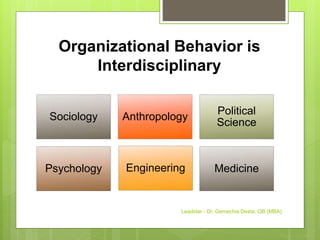 Organizational Behavior is
Interdisciplinary
Sociology Anthropology
Political
Science
Psychology Engineering Medicine
Leadstar - Dr. Gemechis Desta, OB (MBA)
 